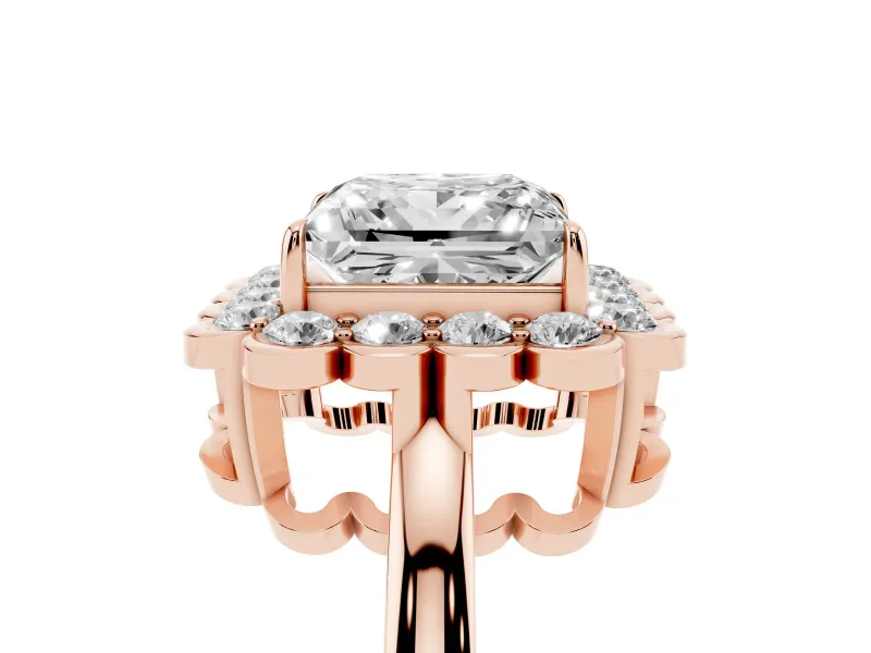 Princess Cut Scalloped Cluster Halo Engagement Ring Setting | Plain Band | Rose Gold