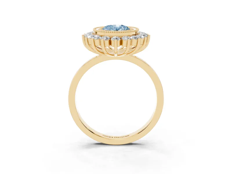 Fancy Blue Oval Cut Diamond Halo Ring Set in Yellow gold with Milgrain Edge and Round Prong Setting