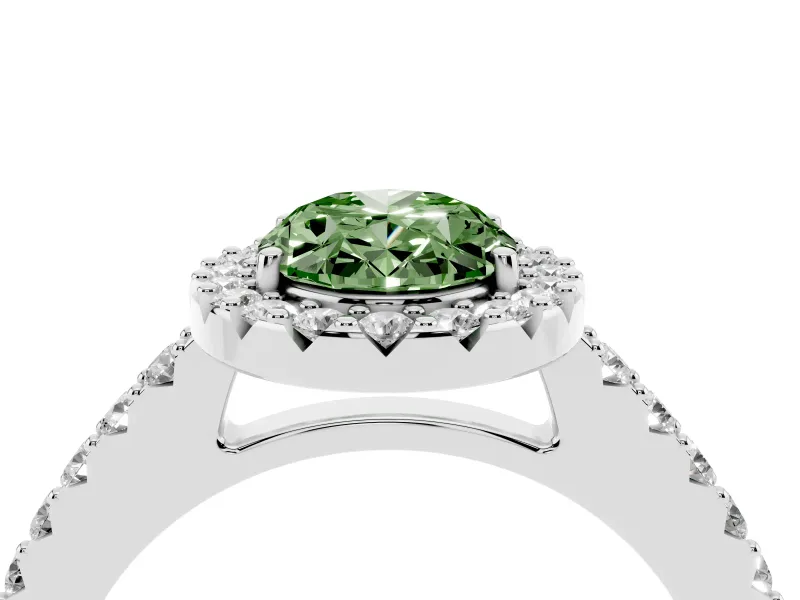 Fancy Green Oval Cut Diamond Halo Pavé Solitaire Ring Set in White gold with Prong-Set Center Stone