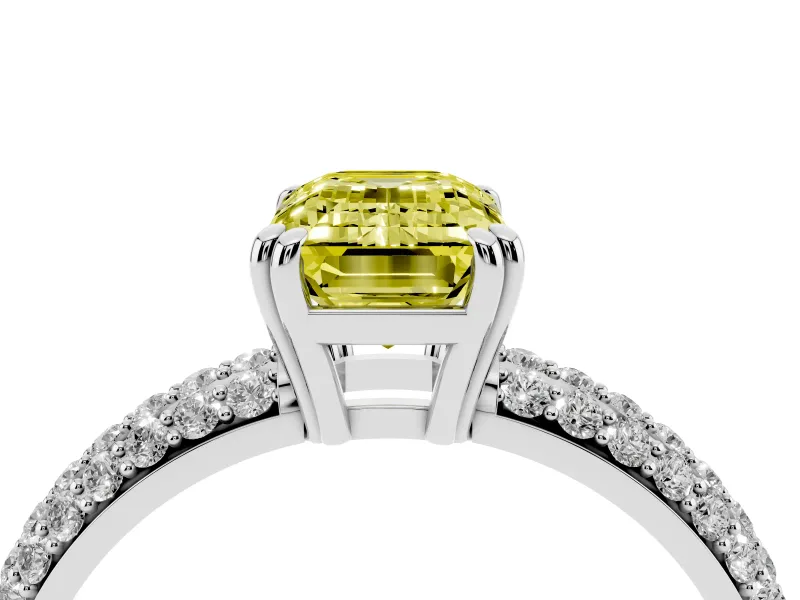 Emerald Cut Three Row Pave Engagement Ring Setting for a Fancy Yellow Lab-Grown Diamond | Platinum