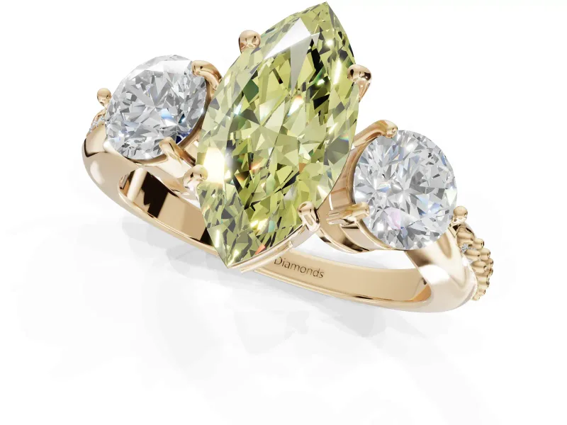 Marquise Three Stone Engagement Ring Setting for a Fancy Yellow Lab-Grown Diamond | Tapered Pave Band | Yellow Gold