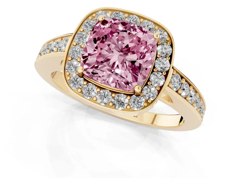 Fancy Pink Cushion Cut Diamond Halo Pavé Engagement Ring Set in Yellow gold with Bezel Setting