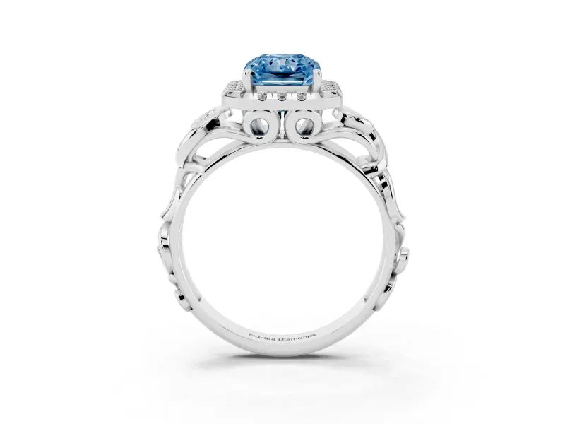 Fancy Blue Radiant Cut Diamond Halo Ring Set in Platinum with Scrollwork Band and Prong Setting