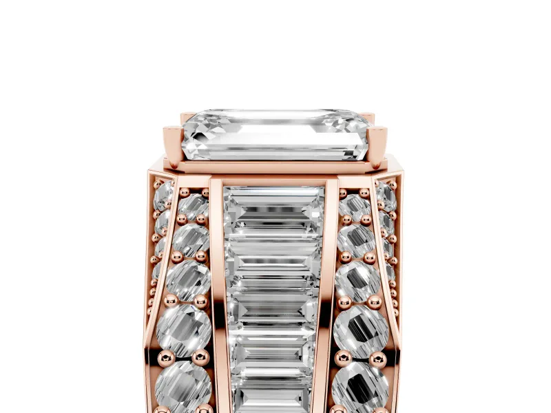 Emerald Cut Men's Graduated Baguette Engagement Ring Setting | Raised Frame Head | Rose Gold