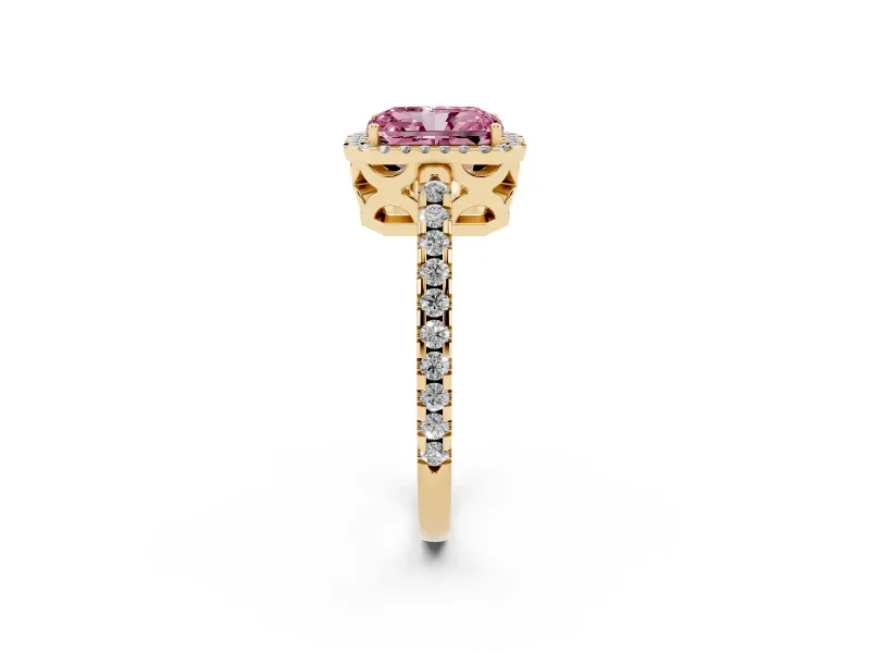 Radiant Cut Pave Halo Engagement Ring Setting for a Fancy Pink Lab-Grown Diamond | Yellow Gold