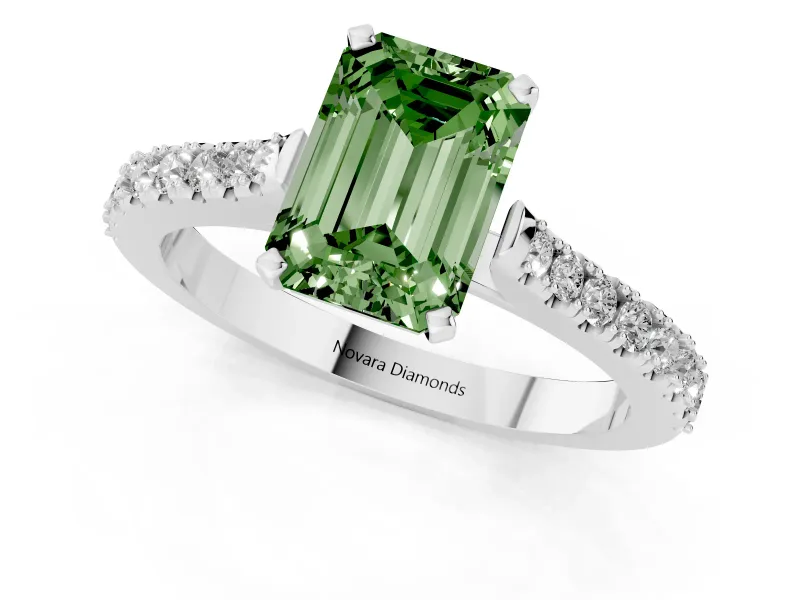 Emerald Cut Pavé Solitaire Engagement Ring Setting for a Fancy Green Lab-Grown Diamond | Single Row Shoulders | Platinum