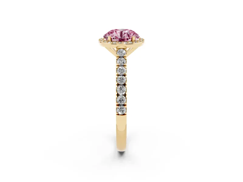 Round Halo Pavé Engagement Ring Setting for a Fancy Pink Lab-Grown Diamond | Yellow Gold
