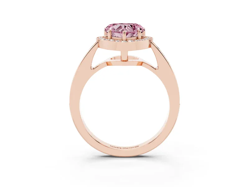 Fancy Pink Heart Cut Diamond Halo Pavé Engagement Ring Set in Rose gold with Bezel Setting