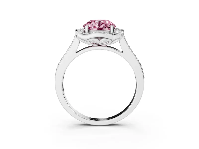 Round Halo Engagement Ring Setting for a Fancy Pink Lab-Grown Diamond | Petal Tips | Platinum
