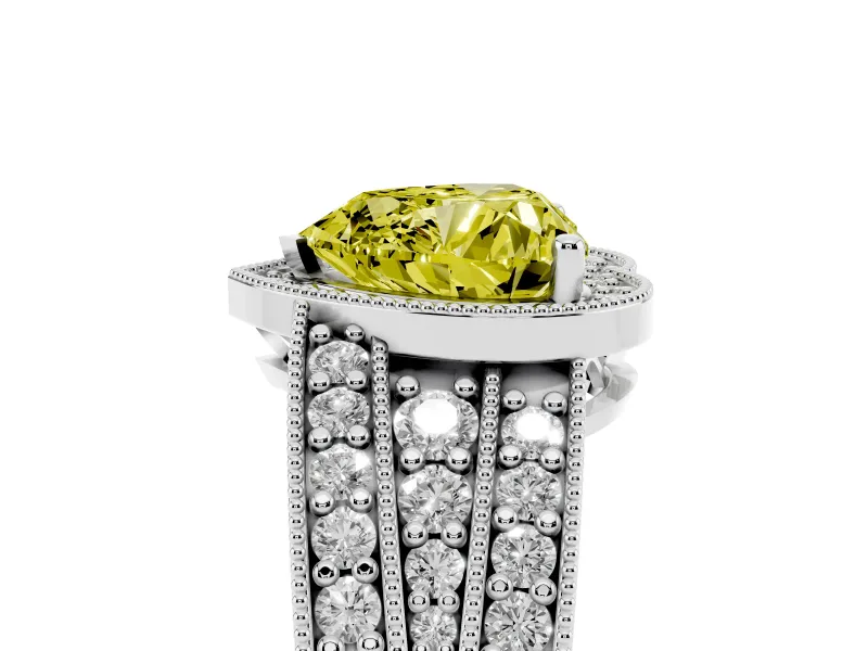 Fancy Yellow Heart Cut Diamond Halo Ring Set in Platinum with Accent Split Shank and Prong Setting