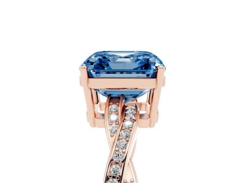 Fancy Blue Asscher Cut Diamond Solitaire Twisted Pavé Ring Set in Rose gold with Prong Setting