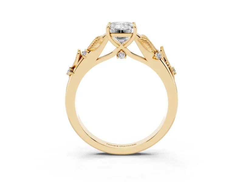 Emerald Cut Leaf Motif Solitaire Engagement Ring Setting | Accented Leaves | Yellow Gold