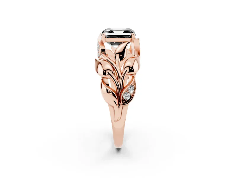 Asscher Cut Leaf Bypass Engagement Ring Setting for a Black Center | Pavé Leaf Accents | Rose Gold