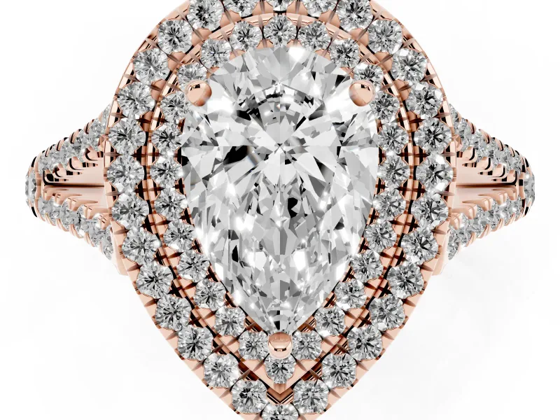 Pear-Shaped Double Halo Split Shank Engagement Ring Setting | Pavé Shoulders | Rose Gold