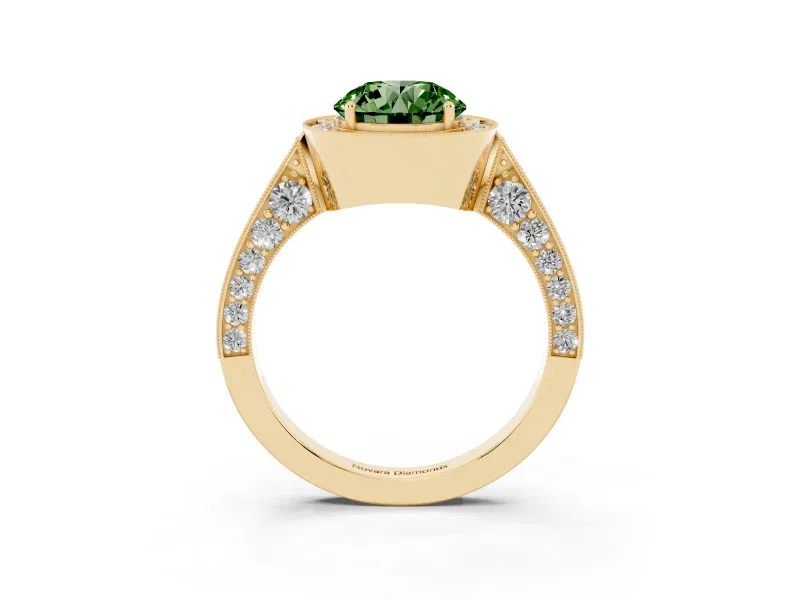 Round Milgrain Halo Engagement Ring Setting for a Fancy Green Lab-Grown Diamond | Side Stones | Yellow Gold