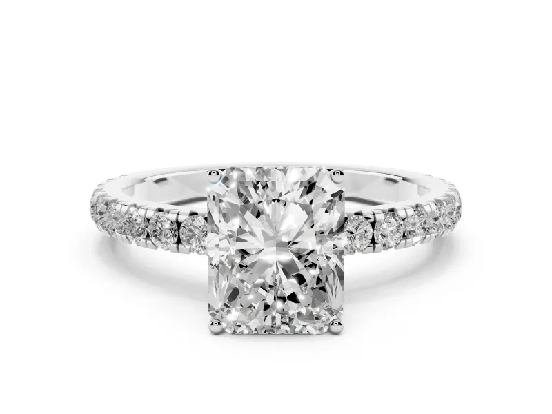 Radiant Cut Diamond Pavé Solitaire Engagement Ring Set in Platinum with Prong Setting