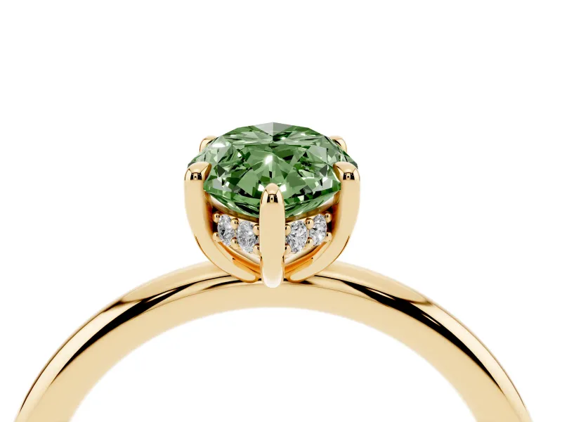Fancy Green Marquise Cut Diamond Solitaire Ring Set in Yellow gold with Thin Band and Prong Setting