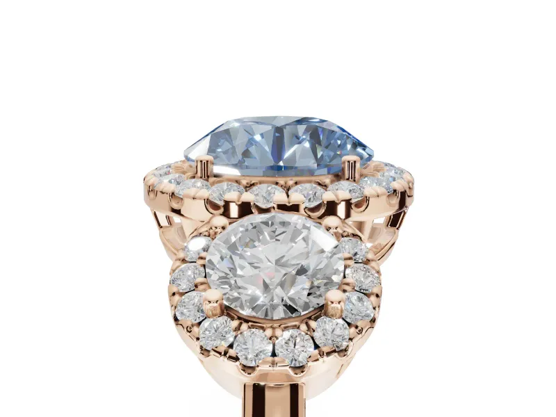 Round Three Stone Halo Engagement Ring Setting for a Fancy Blue Lab-Grown Diamond | Rose Gold