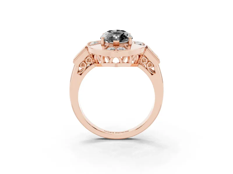 Marquise Milgrain Sectioned Halo Engagement Ring Setting for a Black Center | Rose Gold