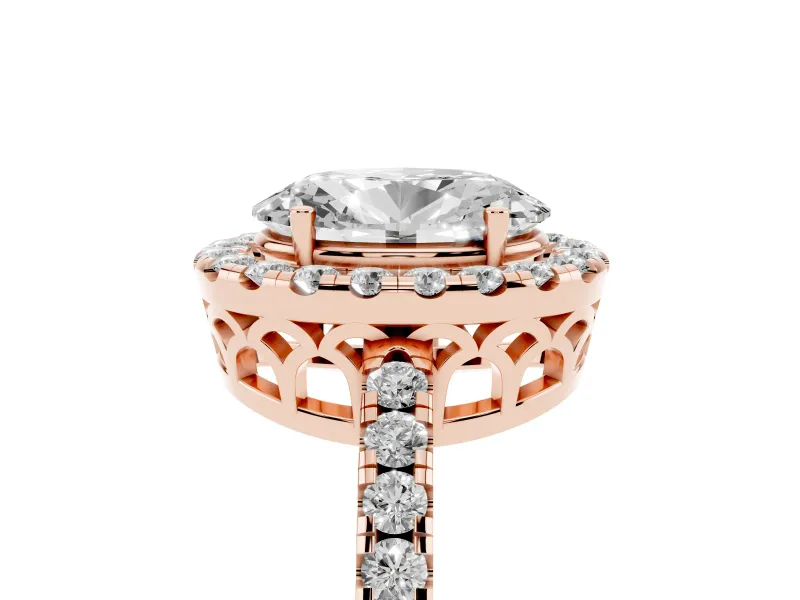 Oval Cut Diamond Pavé Band Halo Engagement Ring Set in Rose gold with Prong Setting