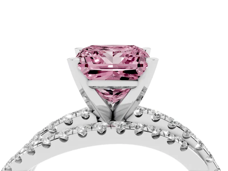 Fancy Pink Princess Cut Diamond Solitaire Twist Band Ring Set in White gold with Pavé Setting and Prong Head