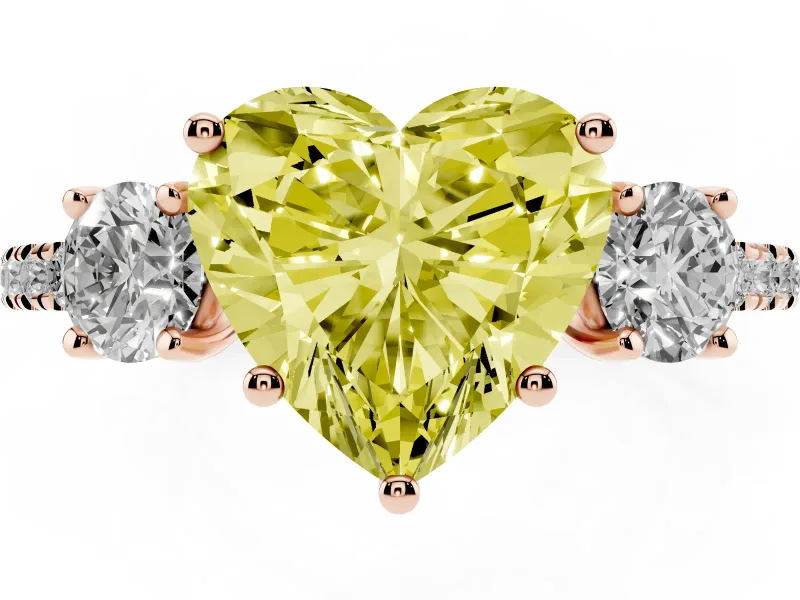 Heart-Shaped Three Stone Engagement Ring Setting for a Fancy Yellow Lab-Grown Diamond | Pave Shoulders | Rose Gold
