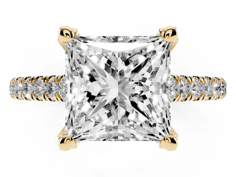Princess Cut Hidden Halo Pave Engagement Ring Setting | Claw Prongs | Yellow Gold