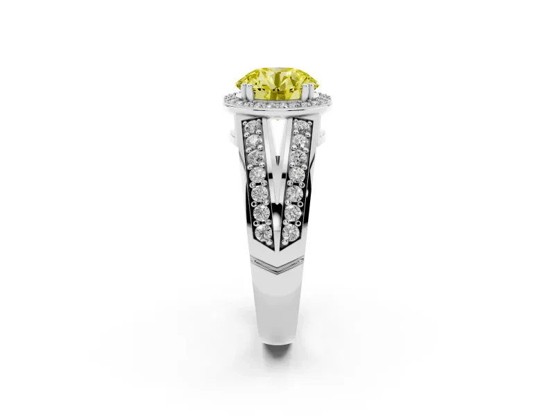 Round Halo Engagement Ring Setting for a Fancy Yellow Lab-Grown Diamond | Two-Row Pave Split Shank | Sterling Silver