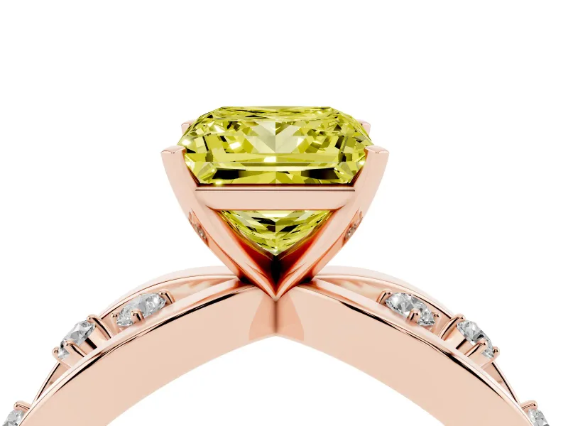 Fancy Yellow Princess Cut Diamond Solitaire Ring Set in Rose gold with Side Stones on Criss-Cross Band and Prong Setting