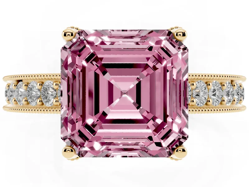 Asscher Cut Hidden Halo Engagement Ring Setting for a Fancy Pink Lab-Grown Diamond | Milgrain Pave | Yellow Gold
