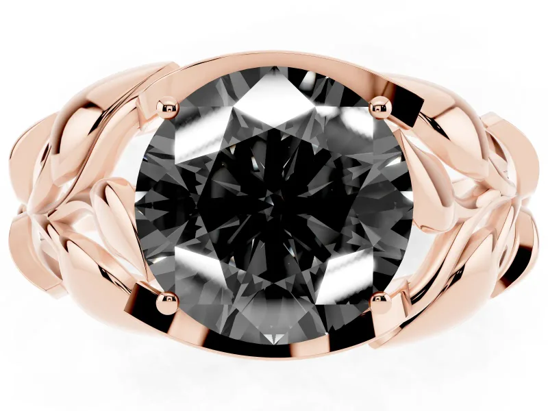 Fancy Black Round Cut Diamond Leaf-Inspired Engagement Ring Set in Rose gold with Round Accents