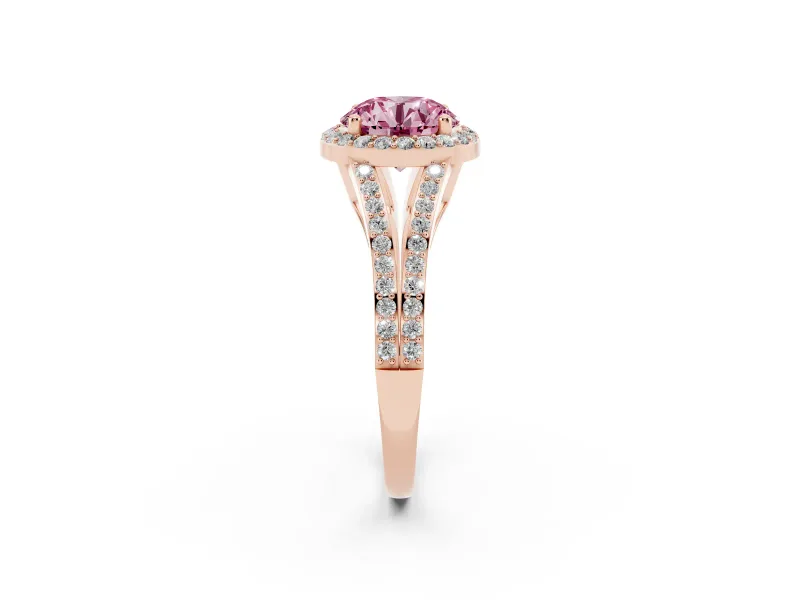 Round Halo Engagement Ring Setting for a Fancy Pink Lab-Grown Diamond | Pave Split Shank | Rose Gold