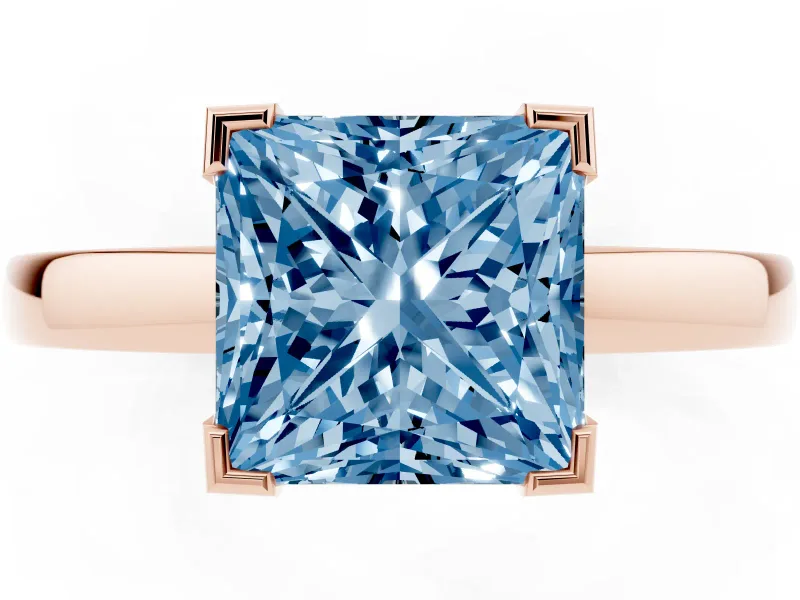 Fancy Blue Princess Cut Diamond Solitaire Ring Set in Rose gold with Prong Head and Smooth Polished Band