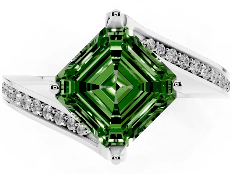 Fancy Green Asscher Cut Diamond Solitaire Ring Set in Silver with Intertwined Pavé Twist Band