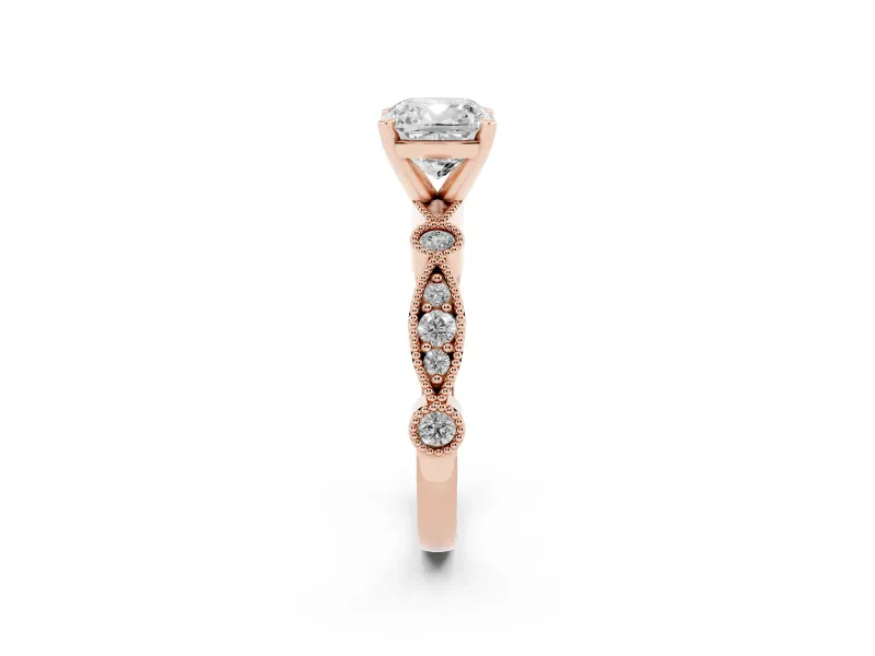 Cushion Cut Vintage Milgrain Solitaire Engagement Ring Setting | Bezel Accents | Rose Gold