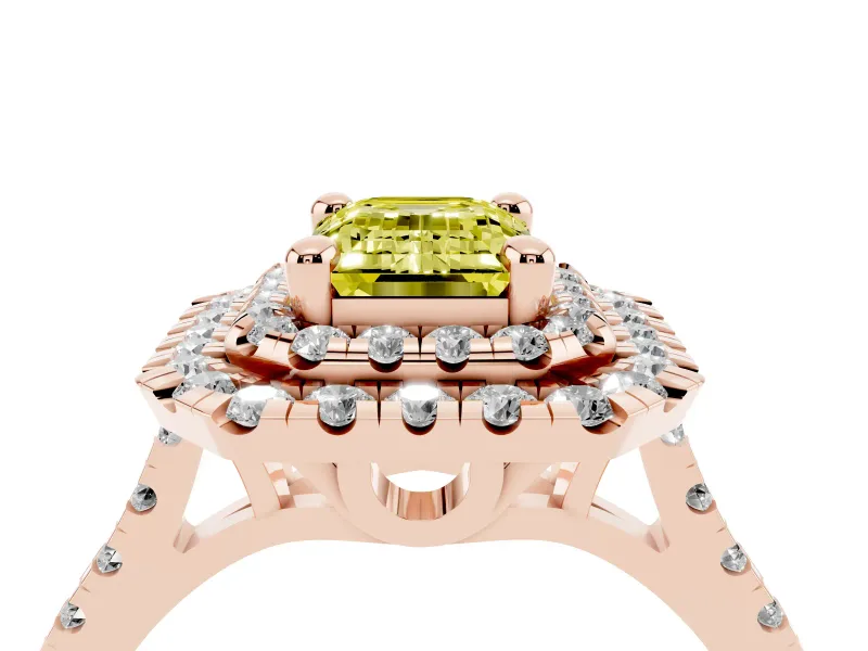 Emerald Cut Double Halo Engagement Ring Setting for a Fancy Yellow Lab-Grown Diamond | Pave Shoulders | Rose Gold
