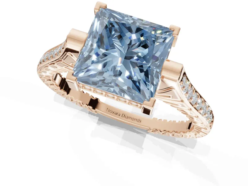 Princess Cut Vintage Cathedral Engagement Ring Setting for a Fancy Blue Lab-Grown Diamond | Carved Band | Rose Gold