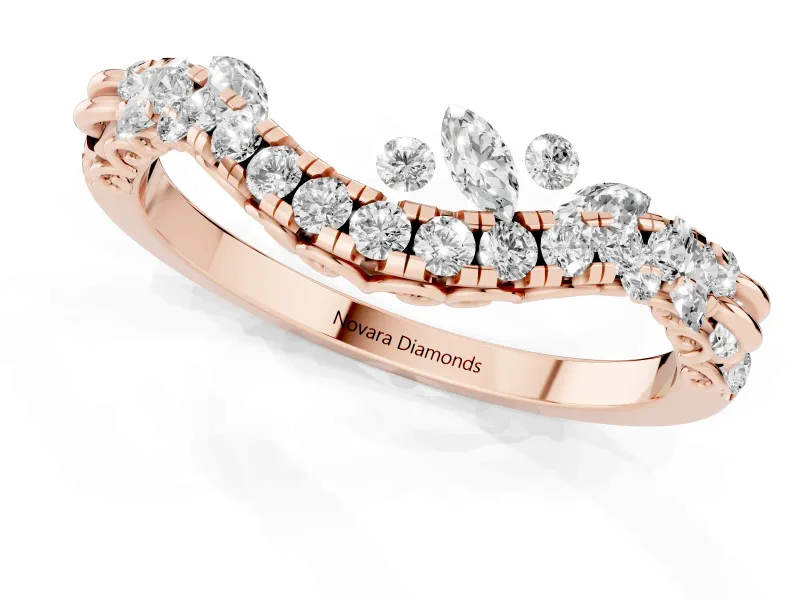 Round Diamond Curved Wedding Band Set in Rose gold with Pavé Shared Prong Setting