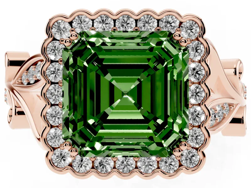 Asscher Cut Leaf Halo Engagement Ring Setting for a Fancy Green Lab-Grown Diamond | Rose Gold