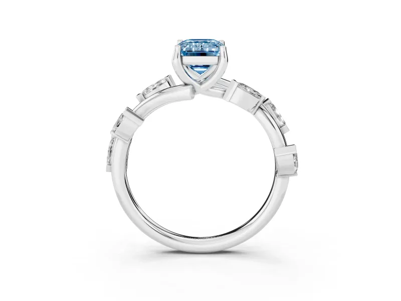 Fancy Blue Emerald Cut Diamond Solitaire Ring Set in White gold with Twisted Marquise Accent Band