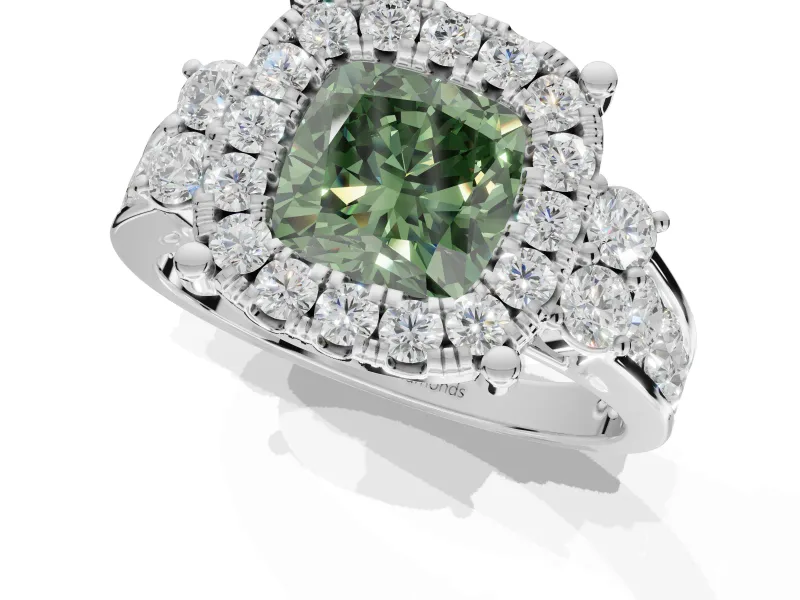Cushion Cut Halo Engagement Ring Setting for a Fancy Green Lab-Grown Diamond | Graduated Channel Band | Platinum