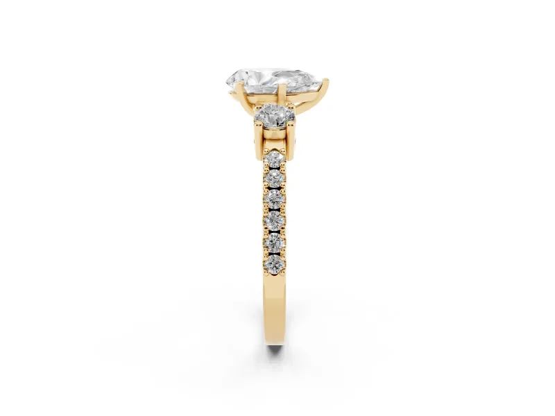 Pear-Shaped Three Stone Pavé Engagement Ring Setting | Round Side Stones | Yellow Gold