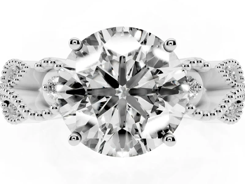 Round Cut Diamond Milgrain Leaf Band Solitaire Ring Set in Silver with Accent Stones and Prong Setting