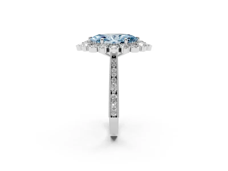 Fancy Blue Marquise Cut Diamond Halo Milgrain Pavé Ring Set in White gold with Prong Setting
