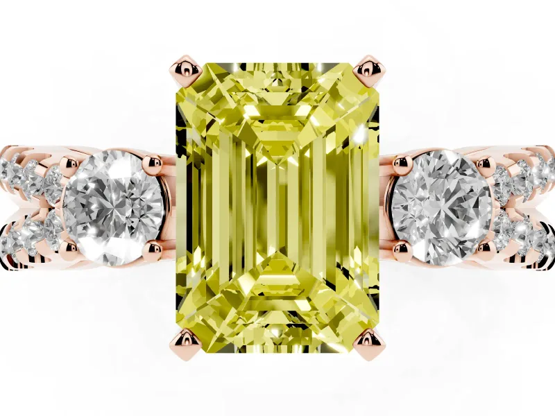 Fancy Yellow Emerald Cut Diamond Three-Stone Ring Set in Rose gold with Pavé Split Shank and Prong Setting