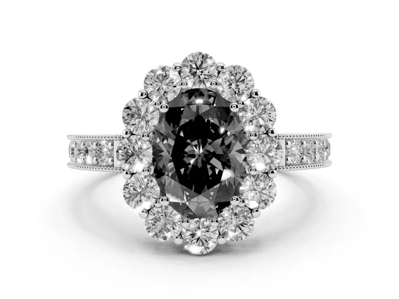 Fancy Black Oval Cut Diamond Halo Pavé Engagement Ring Set in White gold with Milgrain Detailing