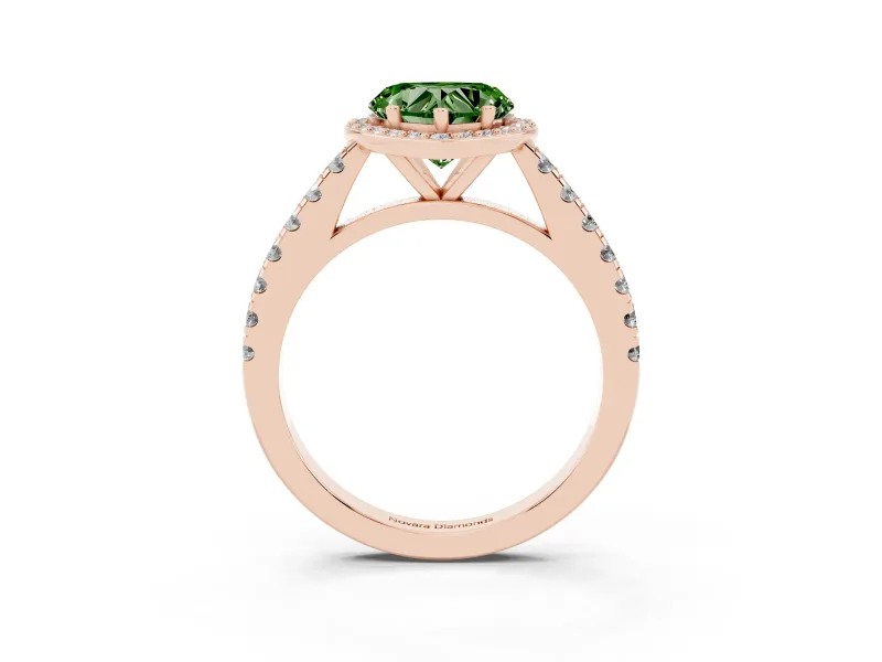 Fancy Green Heart Cut Diamond Halo Engagement Ring Set in Rose gold with Pavé Band and Prong Setting