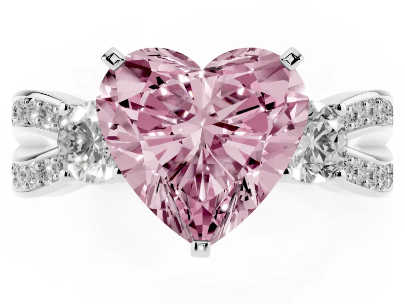 Fancy Pink Three-Stone Heart Cut Diamond Twist Band Ring Set in Silver with Pavé Accents and Prong Setting