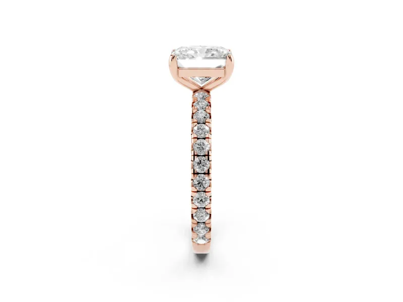Radiant Cut Pavé Solitaire Engagement Ring Setting | Shared Prong Band | Rose Gold