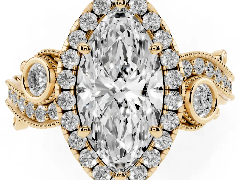 Marquise Cut Diamond Halo Ring Set in Yellow gold with Milgrain Pavé Band and Prong Setting